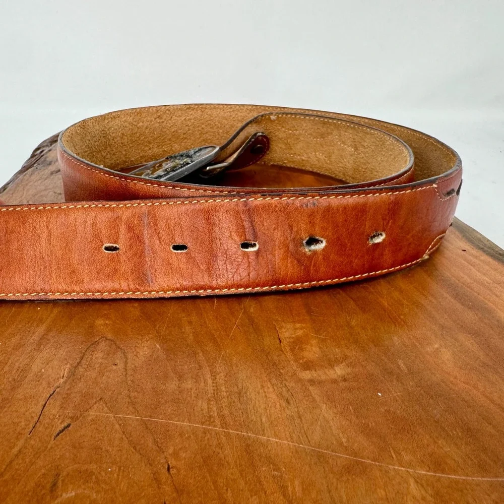 Vintage 1982 Siskiyou Eagle Belt Buckle Leegin Brown Leather Belt Mens 36 USA